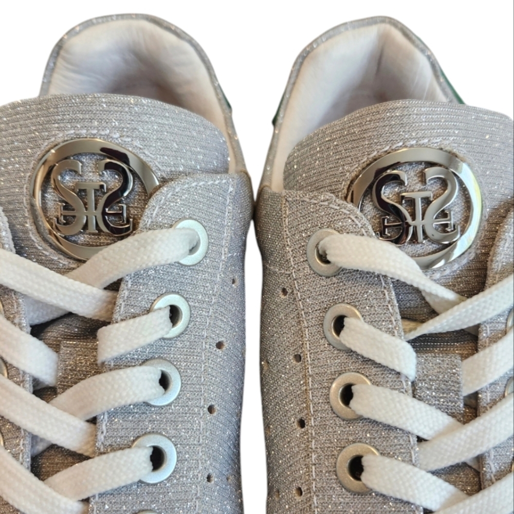 Staccato Sparkly Silver Sneakers with FUNKY‎ Green Mouth Design Women’s Sneakers - Picture 6 of 12